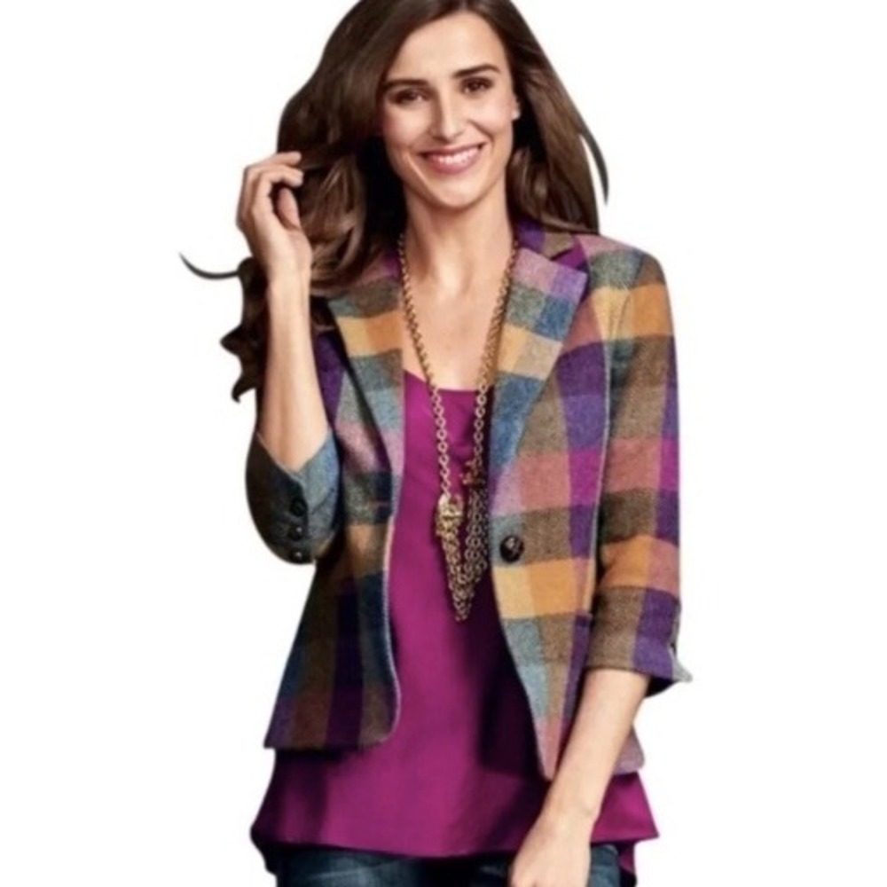 Cabi Womens Multi-Color Plaid Wool Blend Blazer Jacket Style 927 Size 6